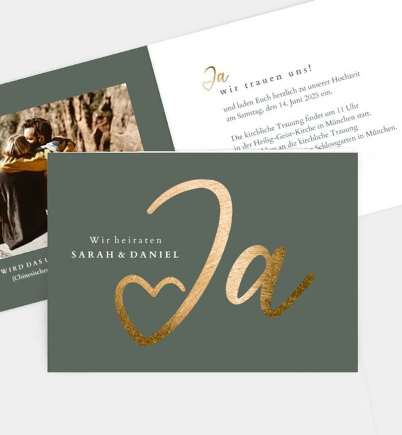 Einladungskarte Hochzeit Ja · Mitten ins Herz