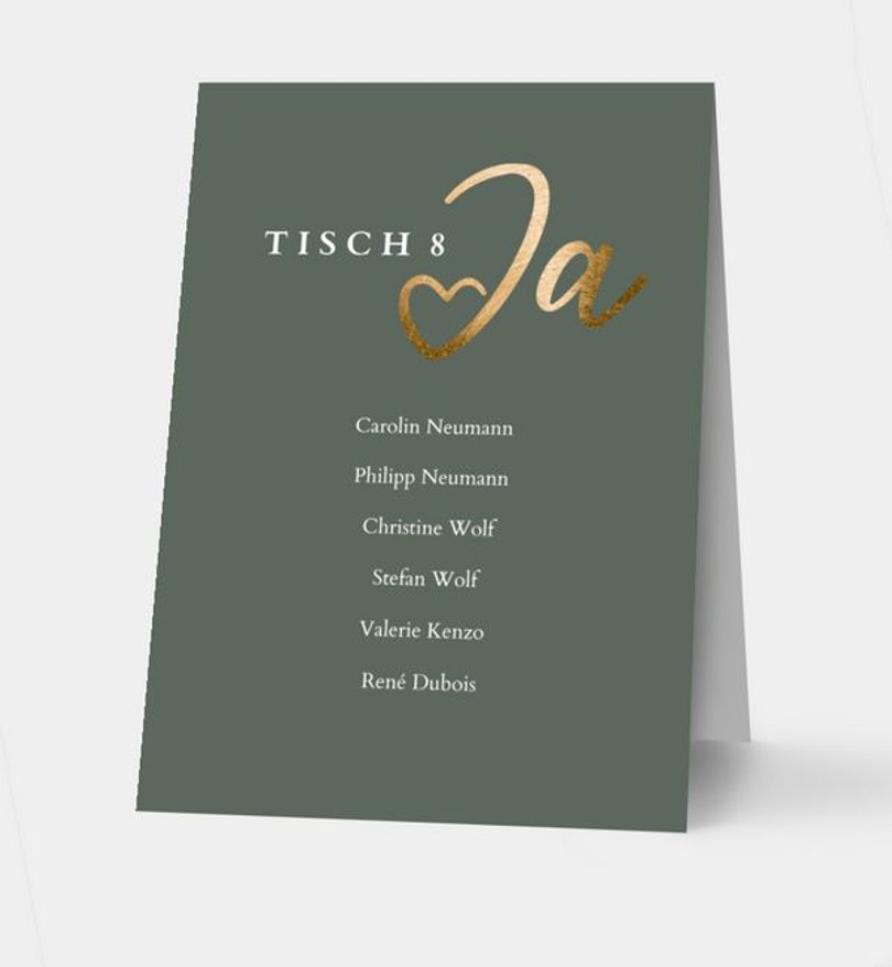 Gruppentischkarte Hochzeit Ja · Mitten ins Herz