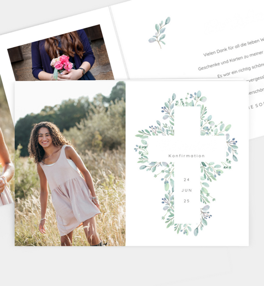 Dankeskarte Konfirmation Greenery Cross